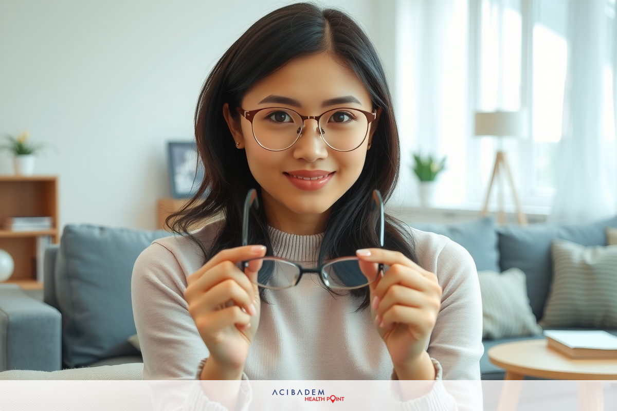 Woman wearing glasses, holding a pair, sitting on a couch in a modern living room with neutral colors.