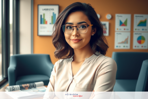 Woman wearing glasses and a beige top in an office setting, smiling at the camera, with modern decor and charts in the background.