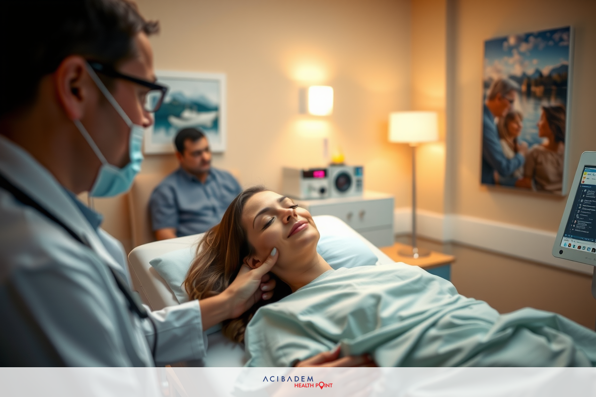 The image shows a healthcare setting with medical professionals and patients. The environment suggests an examination room with modern equipment, including what appears to be a heart rate monitor on the stand beside the patient.