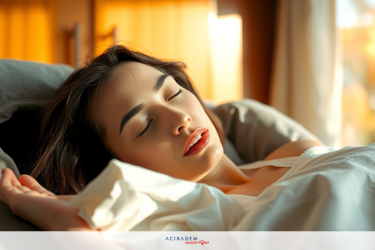 How Long Does Recovery From Laser Eye Surgery Take The image shows a woman lying in bed with closed eyes, suggesting she is sleeping or resting. The sheets are white and the pillow is partially visible.