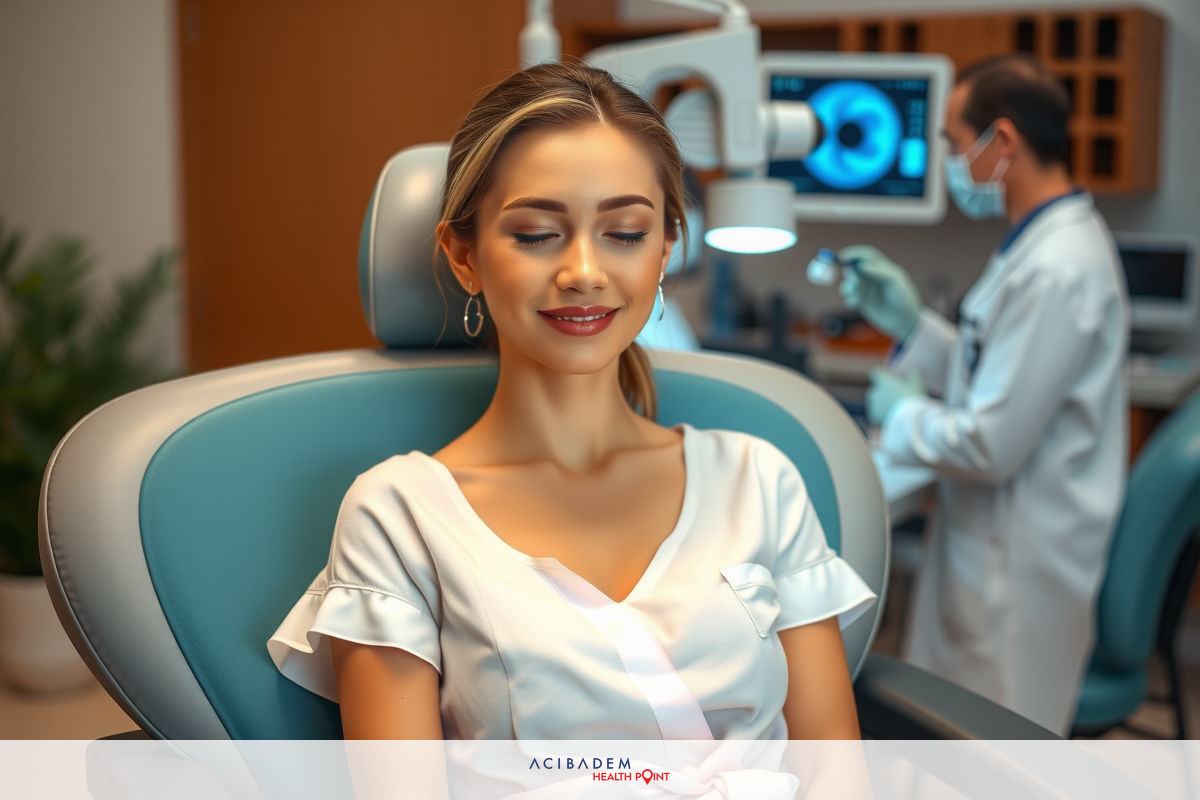 This image depicts a medical office environment with two individuals. A woman in the foreground is seated comfortably in a chair, likely awaiting treatment.