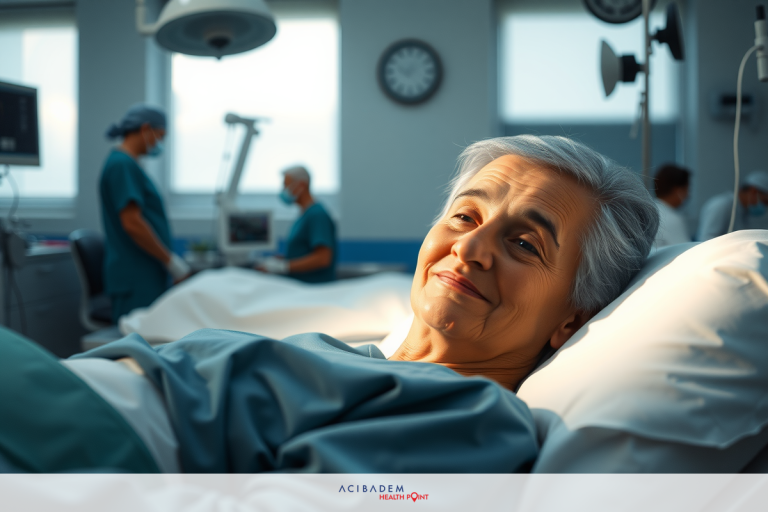 Can Anyone Have LASIK Eye Surgery? The image shows an elderly woman lying in a hospital bed. She has a light smile on her face, suggesting she might be at ease or is experiencing pleasant interactions.