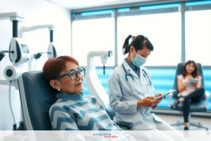 In a medical office, an older woman is seated in a mental chair. A doctor and another staff member are standing on either side of the patient. The environment includes professional medical equipments