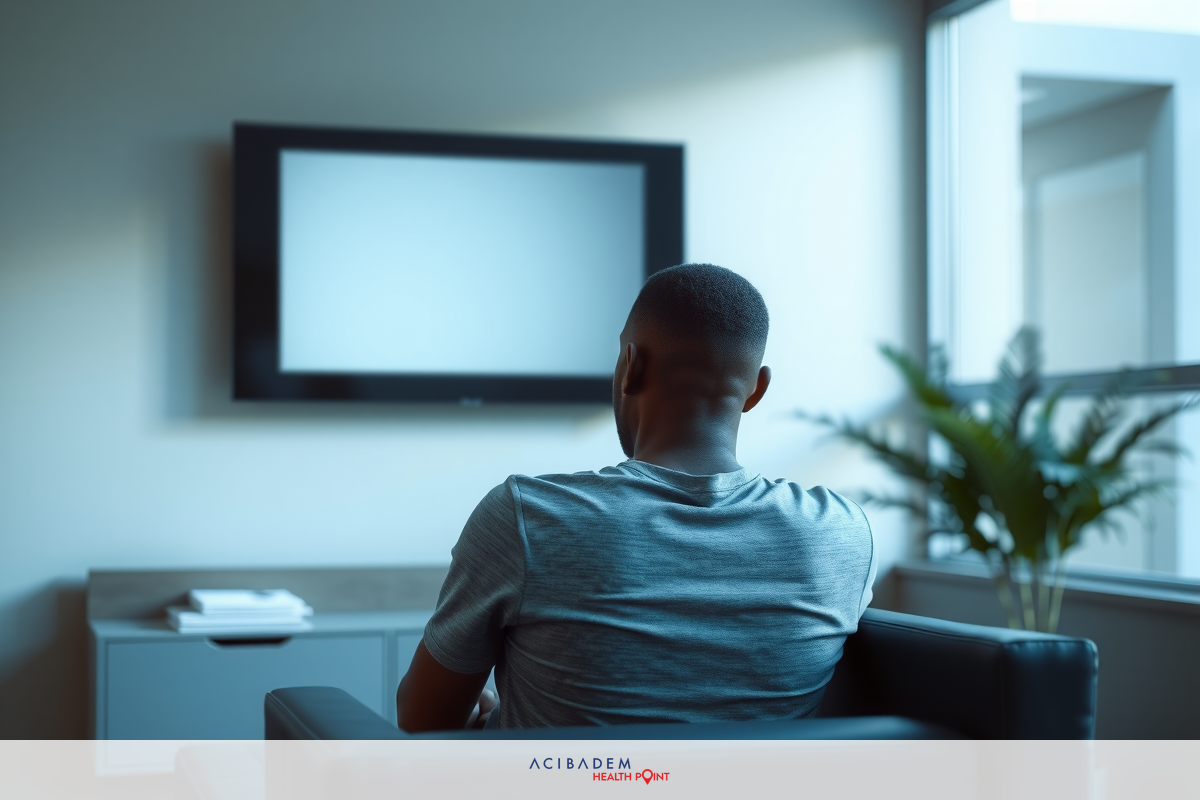 A man seated in a modern living room, looking at a blank television screen. The environment features sleek furniture and minimal decor.
