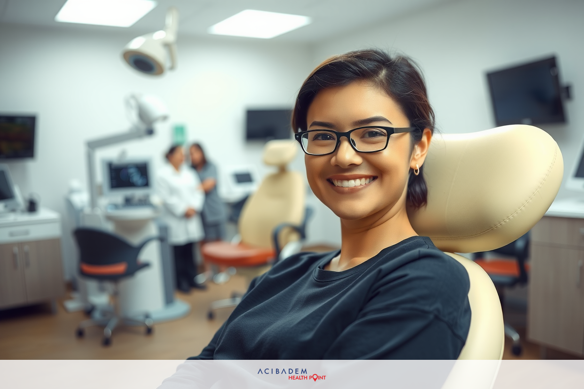 The image shows a person in a medical office, seated on a chair with their head resting on the back of the chair.She is wearing glasses and smiling at the camera.