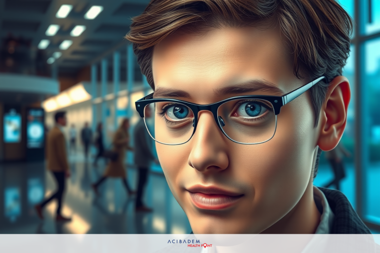 The image shows a young man wearing glasses with blue eyes. He has short, wavy brown hair and is looking directly at the camera.