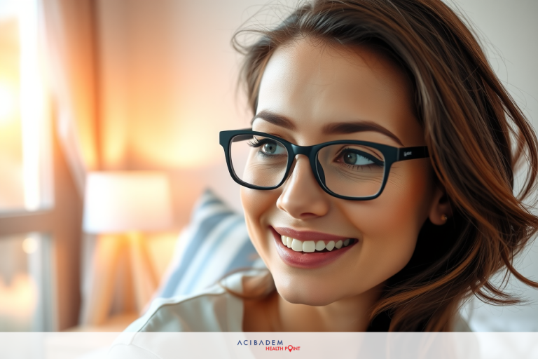 Can I Get Laser Eye Surgery for Long Sightedness The image features a woman wearing glasses, sitting in an indoor environment. She appears to be engaged in a video call or recording session, as suggested by her focused gaze and slight smile.