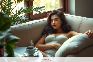 In the image, a young woman is elegantly reclining on a couch, her legs crossed. She is wearing a light-colored sleeveless dress and her posture suggests a relaxed mood.