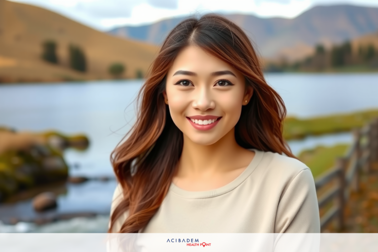 How Much is a Rhinoplasty in Jacksonville, FL Woman with brown hair smiling next to a lake, wearing a beige top. The image shows an outdoor setting with lush greenery and clear blue water.