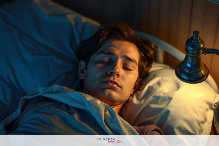 The image depicts a young man lying in bed, asleep. He is wearing a white shirt and his eyes are closed. There is a lamp beside him providing light in the room.