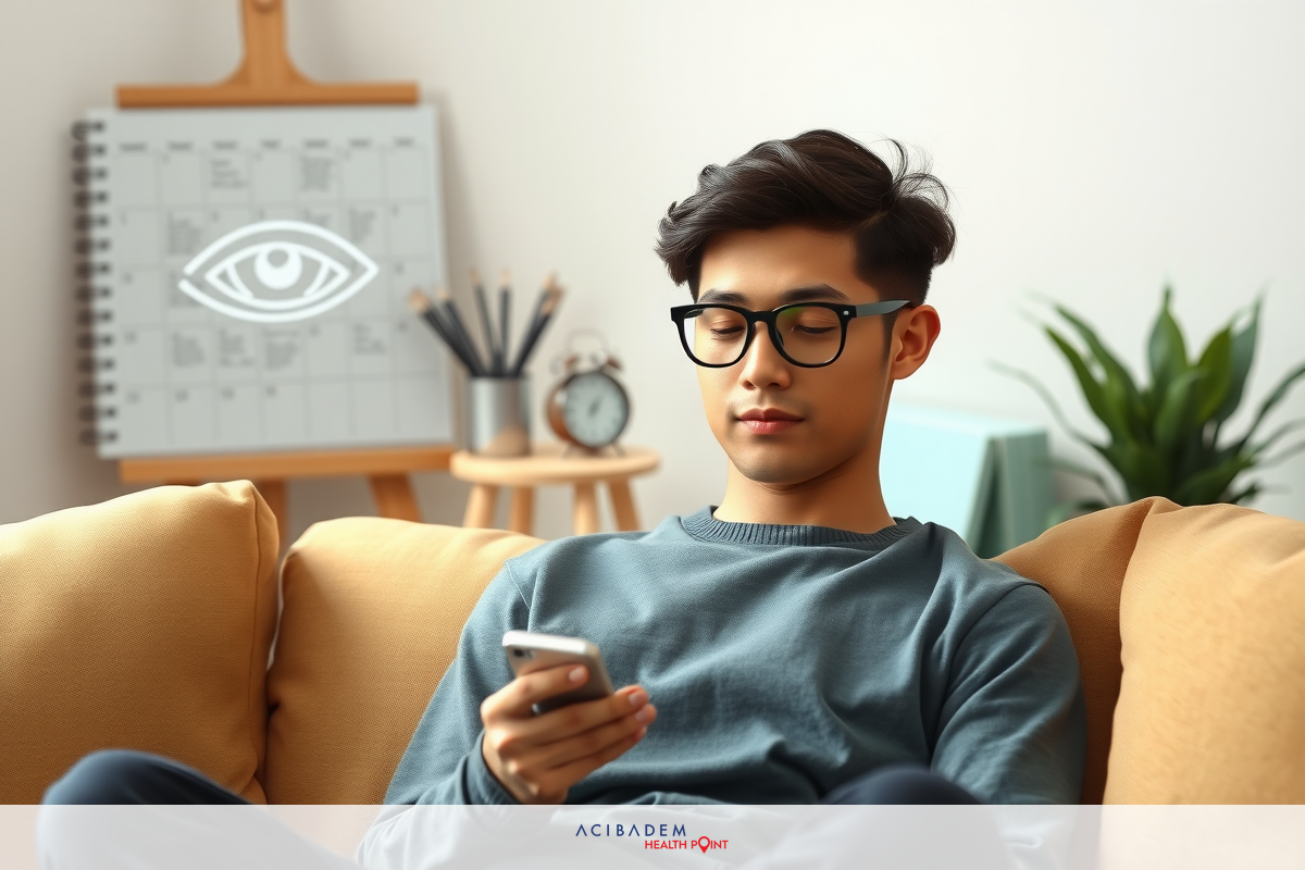 The image shows a young man sitting on a couch in a modern room. Wearing glasses and a comfortable sweatshirt, he is engrossed in his smartphone, which he holds in one hand. The environment around him includes a desk with a calendar and various items like pens and notebooks, suggesting an organized workspace.