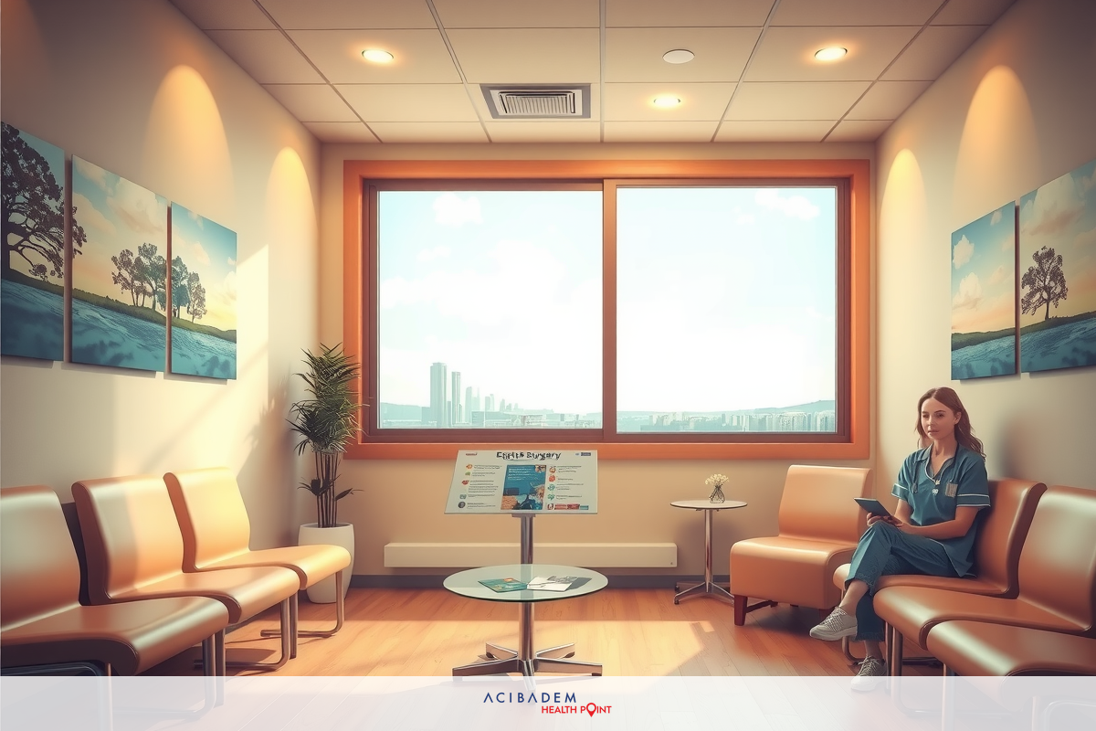 The image features a healthcare professional, presumably a nurse, seated in a waiting area. The room is brightly lit and has large windows that offer a view of a city skyline. There are several art pieces on the walls depicting nature scenes. The furniture includes comfortable chairs for patients to wait. The woman appears focused on her work or reading from a book she holds in her hands.