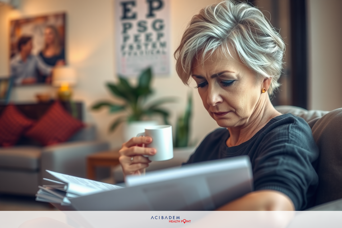An older woman is seen sitting on a couch in her living room, holding papers and reading. She appears focused on the documents while sipping from a mug of coffee.