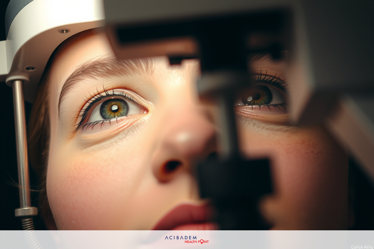 The image shows a person, specifically focusing on the eyes and facial features. The individual appears to be seated in an environment with equipment around them.