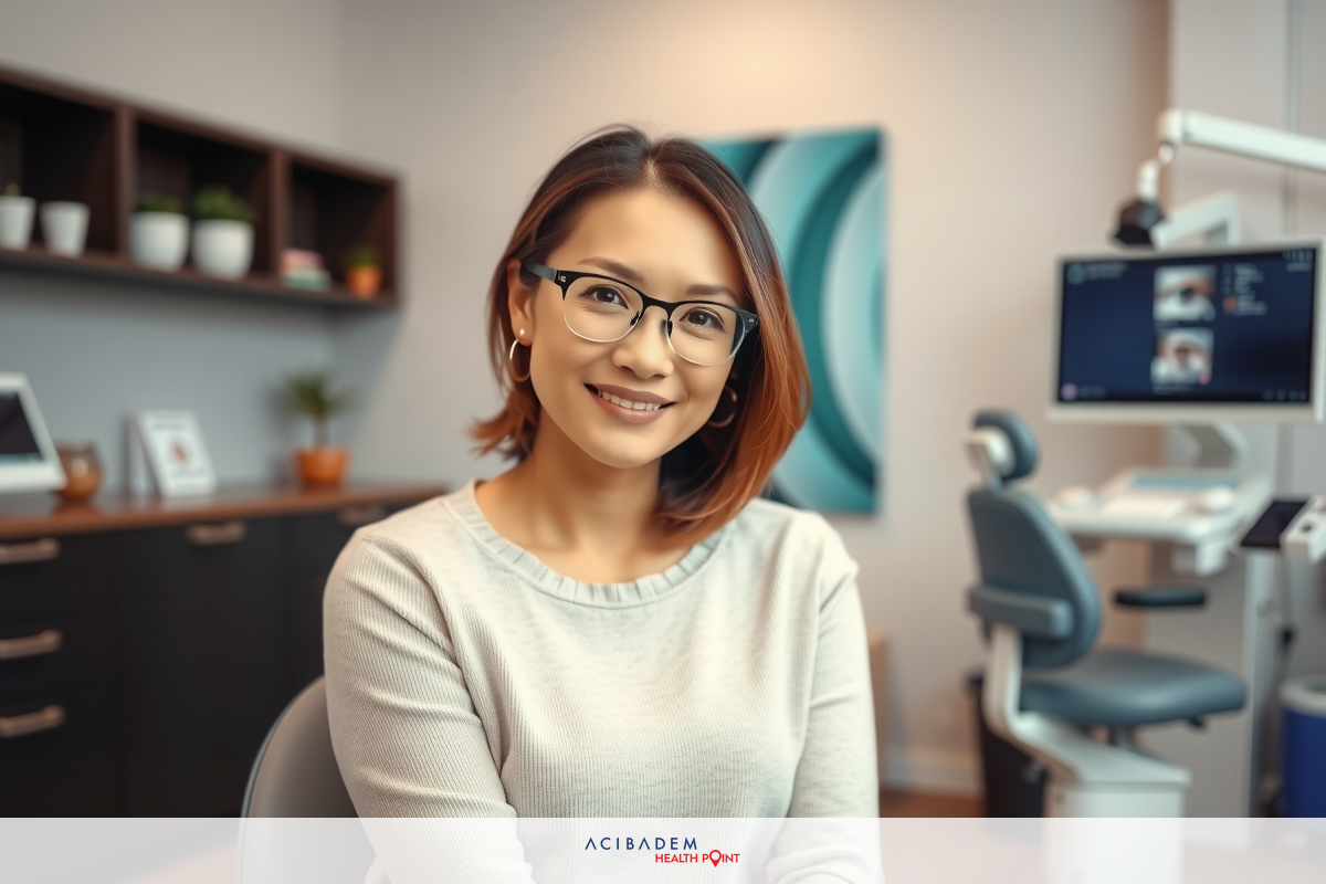 This is an image of a woman sitting at her desk in what appears to be a home office setting. The woman has glasses and is smiling slightly towards the camera.