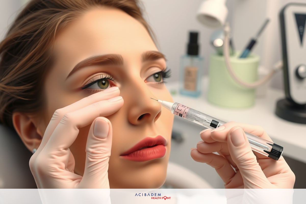 The image shows a person with makeup on, sitting in what appears to be a medical setting. The individual is holding a syringe and wearing gloves, suggesting they are administering an injection.