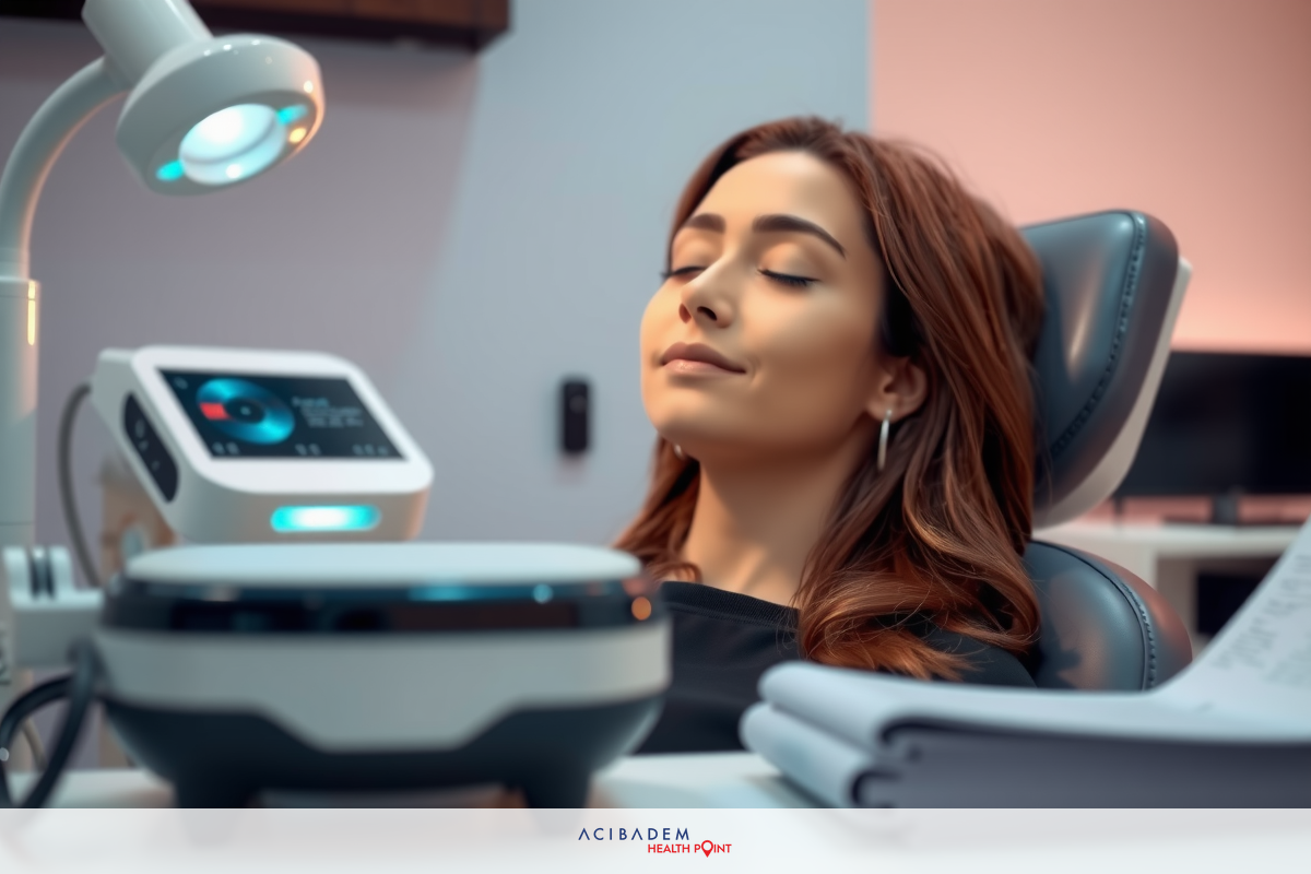 The image depicts a woman in a medical office chair, likely undergoing treatment. She appears relaxed with her eyes closed and is smiling slightly, which suggests she might be enjoying the process or has a good relationship with her doctor.
