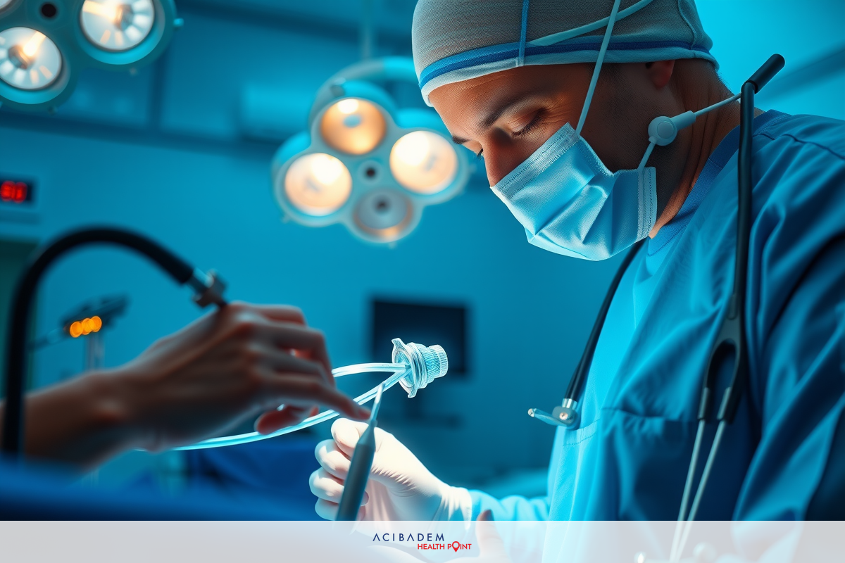 The image depicts a medical professional, likely a surgeon, in an operating room setting. The person is wearing surgical attire and is focused on their work at the table where a patient appears to be undergoing a procedure.
