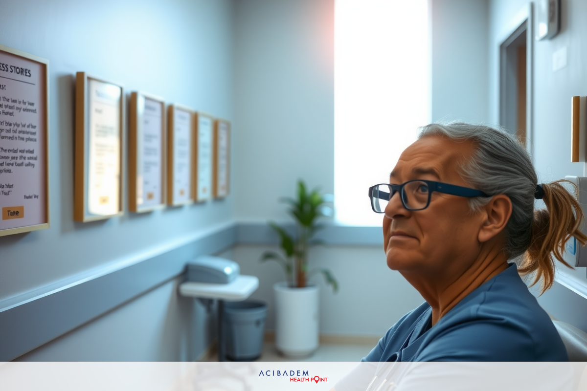 The image shows an indoor setting that appears to be a medical office. In the foreground, there is a person wearing glasses and a uniform, possibly indicating they are a medical professional such as a nurse or doctor.