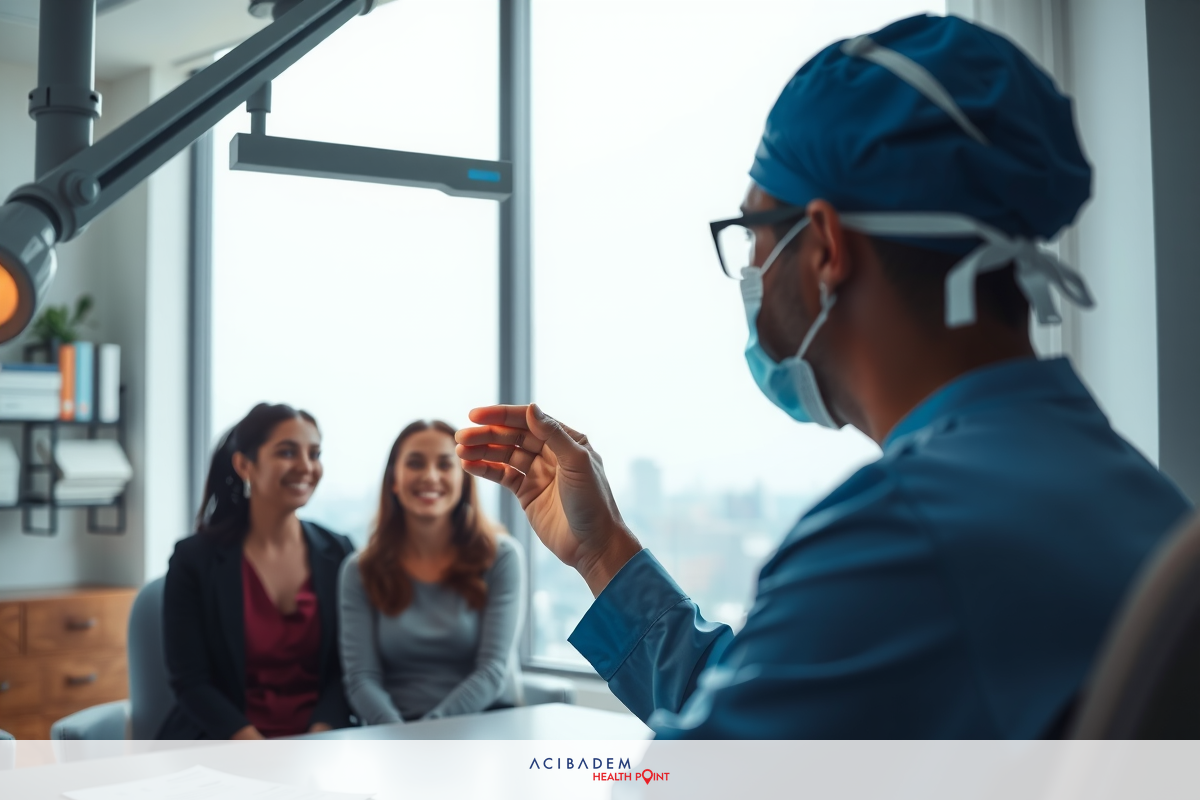 Two women sitting in an eye office setting, smiling at the doctor speaking to them. The doctor is wearing a lab coat and a surgical mask. The environment resembles a professional, clean eye care facility.