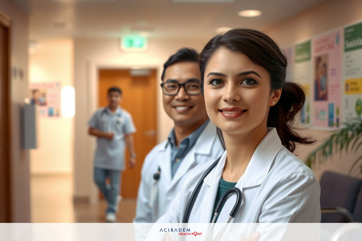 Doctors in a hospital setting, one female and one male, smiling at the camera. They are dressed in medical attire suggesting they are doctors.
