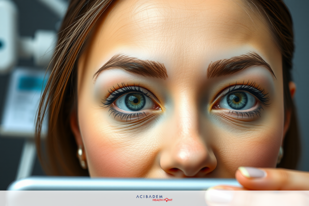 The image features a close-up of a woman's face and upper chest. Her expression is one of concentration or curiosity, with her gaze directed to the left and slightly upwards.