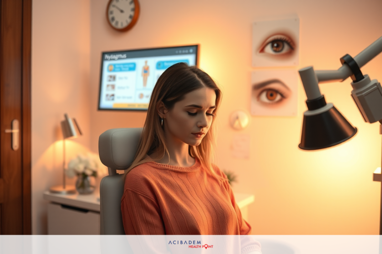 Can I Have Laser Eye Surgery with Nystagmus? The image shows a woman seated at an eye examination table with various diagnostic equipment around her. The setting appears to be a clinical environment, likely an optometrist or ophthalmologist's office.