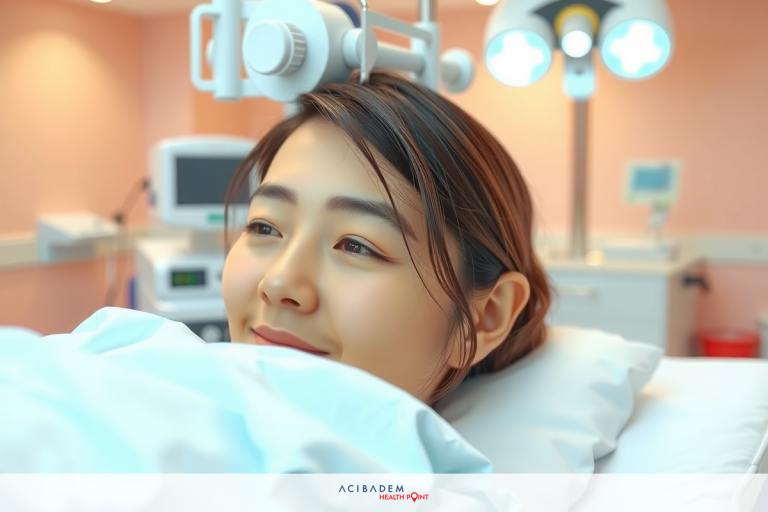 This image depicts a woman lying on a hospital bed, appearing to be in good spirits and smiling. The setting is a typical medical room with medical equipment.