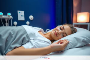 The image shows a woman lying in a hospital bed. She is wearing an oxygen mask and appears to be sleeping or resting. The room has medical equipment visible, indicating that she may be in a medical facility for treatment or recovery. The focus of the image is on the woman's face and the context suggests a health-related scenario.