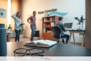 Two people are seen standing, probably in an eye doctor's office, and another person is seen sitting at a desk in front of a computer. The doctor is checking patients' information and interacting. The presence of various health devices around indicates that this is an eye clinic.