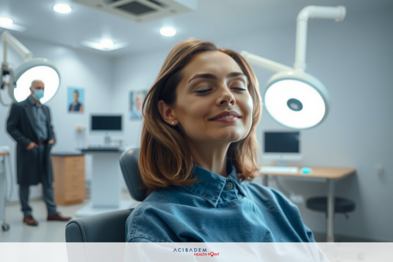 In a professional medical office setting, a woman wearing a surgical mask and blue scrubs is sitting in the chair. She has her eyes closed, possibly experiencing a moment of relaxation or anticipating a procedure.