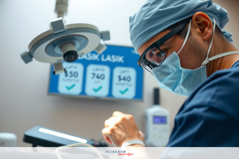 A surgeon wearing a surgical mask and scrubs is working at an operating table. The environment suggests a well-equipped medical setting, likely a hospital or clinic.