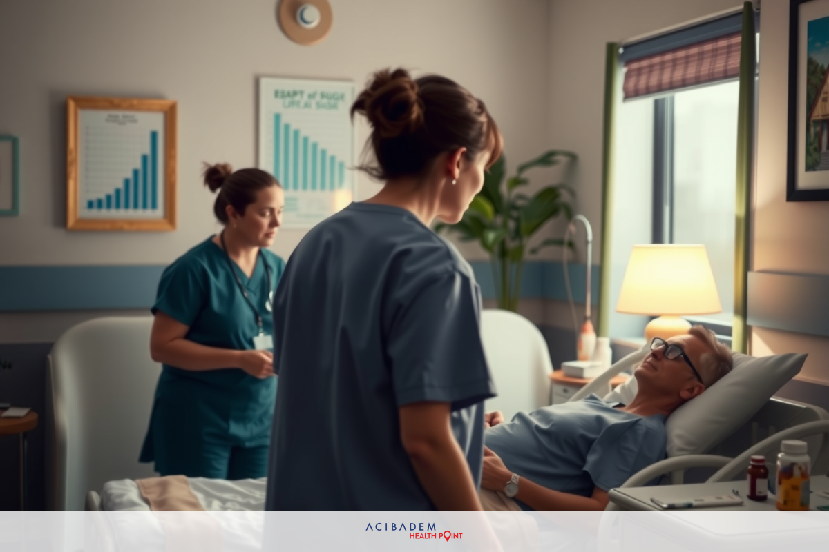 In the image, there is a hospital setting with two nurses and one patient. One nurse is attentively looking at the patient while the other nurse appears to be preparing medication or equipment at the bedside. The patient is lying in a hospital bed under an overhang that provides privacy for the room. The overall color scheme of the room is muted, with white walls and light-colored bedsheets. The focus of the image is on medical care and patient interaction within a clinical environment.
