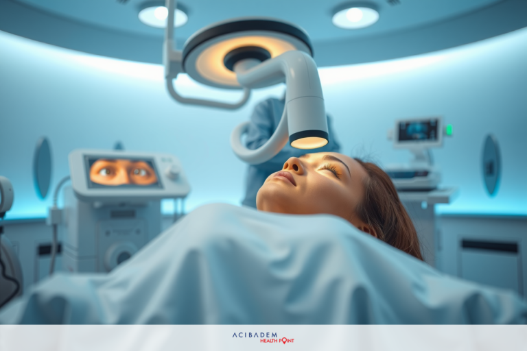 The image depicts a modern medical setting where a patient is lying on a hospital bed, possibly undergoing surgery or an MRI scan. The patient's head is secured with what appears to be a brace or support for the scanner.