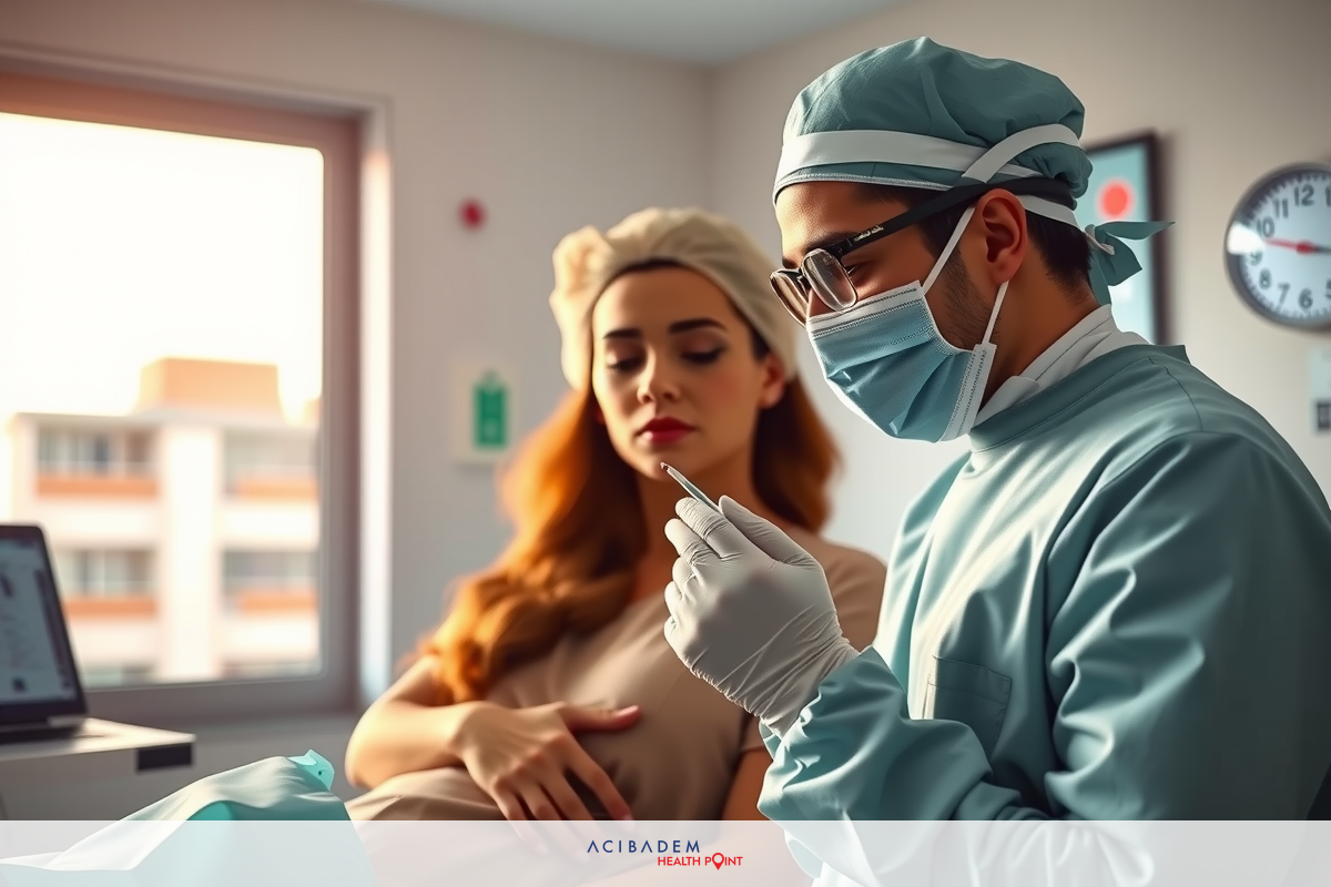 Medical professionals in a clean environment, likely a hospital, wearing surgical attire. They are checking a patient's condition. The woman is pregnant and lying down on an examination bed, receiving attention from the doctor.