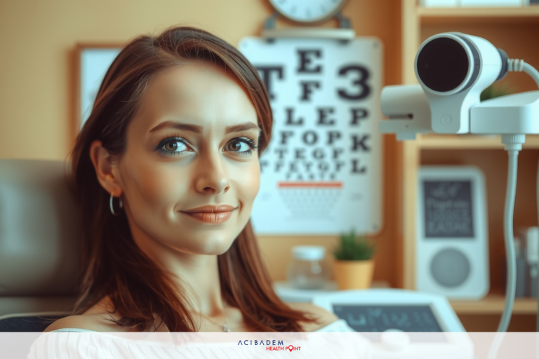 A woman sitting in an eye examination room with a modern eye exam device, smiling and looking towards the camera. The office has a professional and clean appearance.