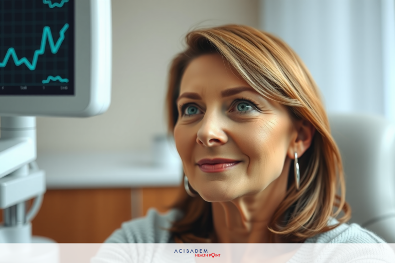 A woman in a medical office, looking at a monitor displaying a heart rate graph. She appears focused and attentive.
