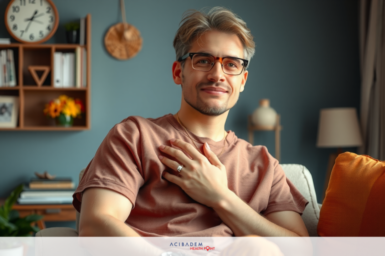 When Can I Start Driving After BBL Surgery A young man is seated on a couch in a living room. He's wearing glasses, a beige tshirt, and his arms are crossed over his chest. His posture is relaxed and he has a slight smile on his face.