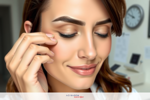 A woman in a closed environment with her eyes closed, her hand on her face and a slight smile. She appears to be in an indoor environment, possibly a personal space like home or office, as suggested by the blurred background that includes items such as desk and clock.