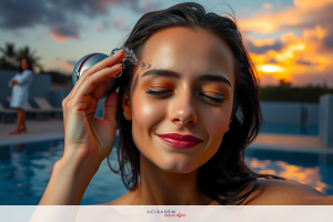 The image shows a woman sitting by the edge of an outdoor swimming pool at sunset. She is smiling, looking towards the camera with her hands gently placed on her face.