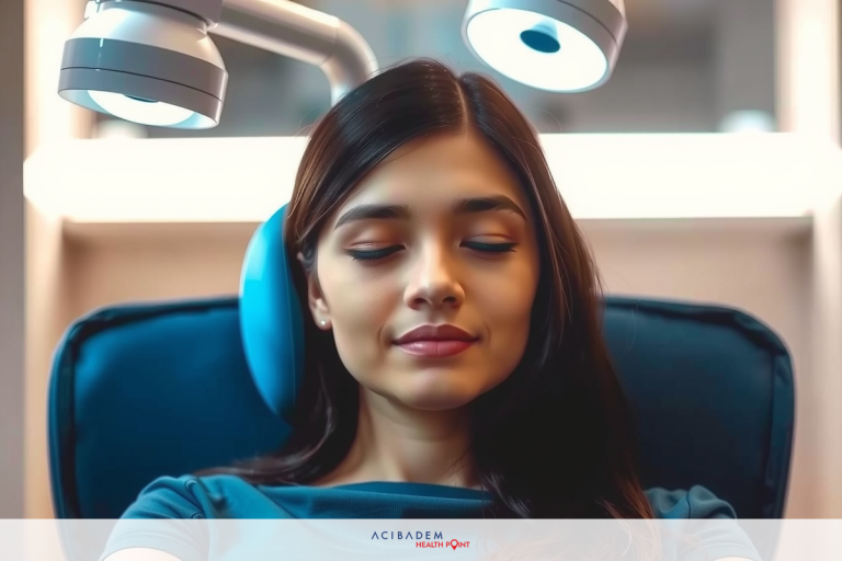 The image shows a woman seated in what appears to be a medical chair, with her eyes closed as if she is relaxed or possibly undergoing treatment.