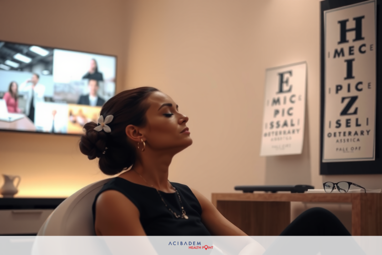 Can LASIK Change Dominant Eye? A woman dressed in a black dress, seated with her hand on her forehead, in front of a room with a large television screen and various posters.