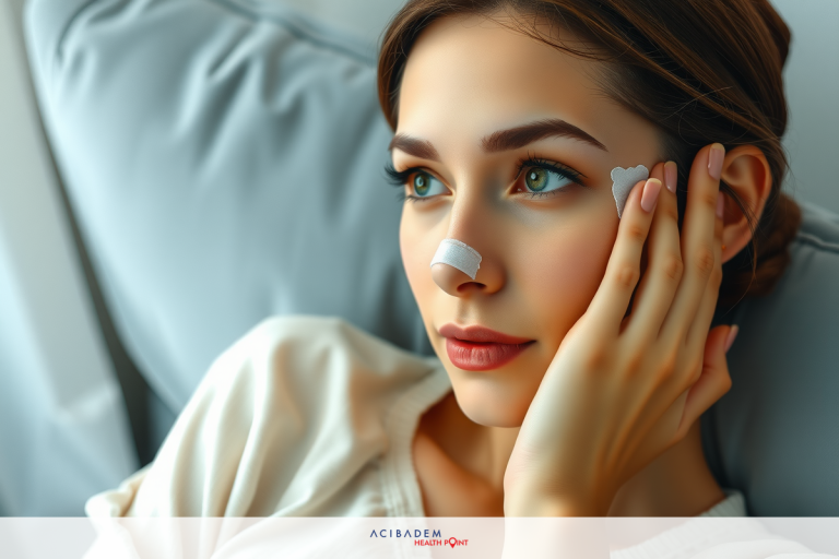 A woman applying a bandage to her nose. She is lying down in a room with neutral tones and a hint of spring green on the walls. Her pose suggests she might have experienced an accident or injury.