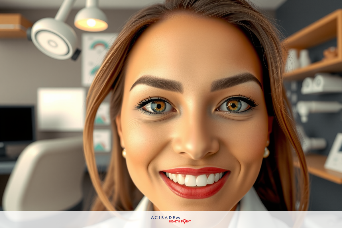 The image shows a smiling woman in what appears to be a laboratory setting. She has red lipstick and is wearing a white lab coat, suggesting she might be a scientist or medical professional.