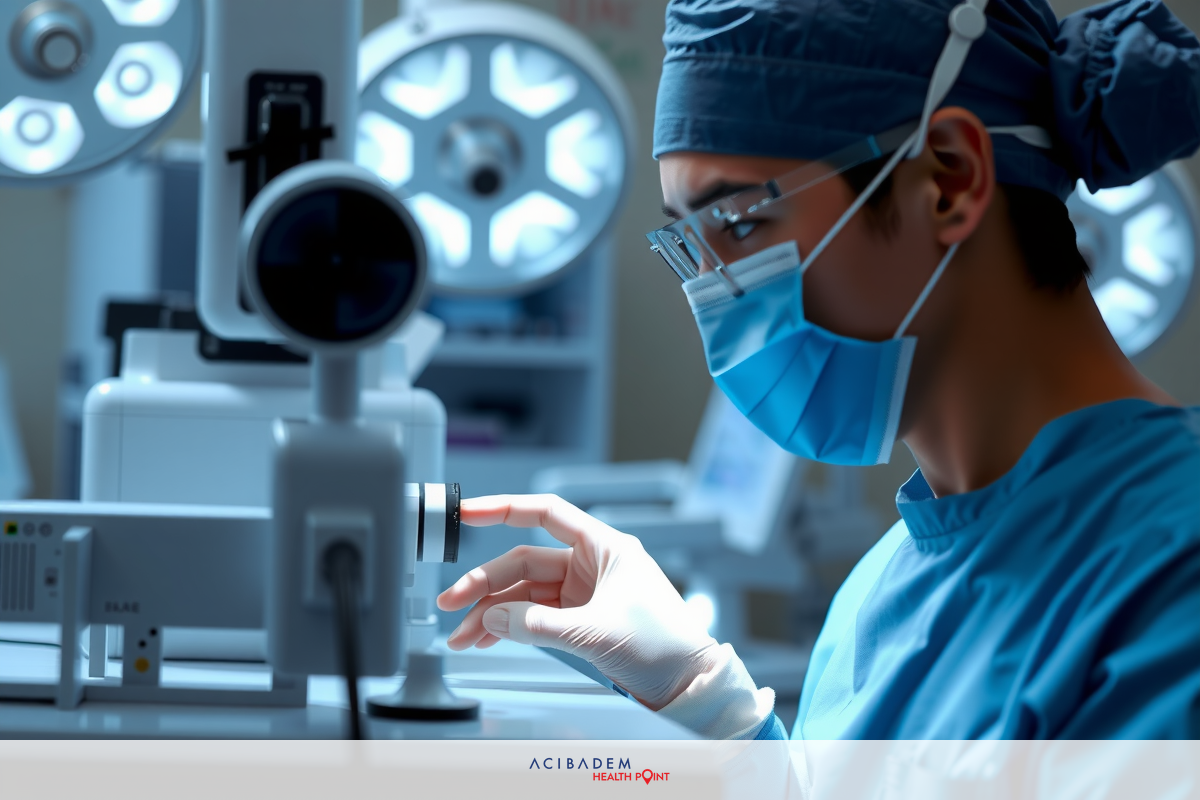 The image shows a man wearing medical scrubs and surgical masks, indicating he is likely a surgeon or medical professional. He is sitting at an operating table with various pieces of medical equipment around him.