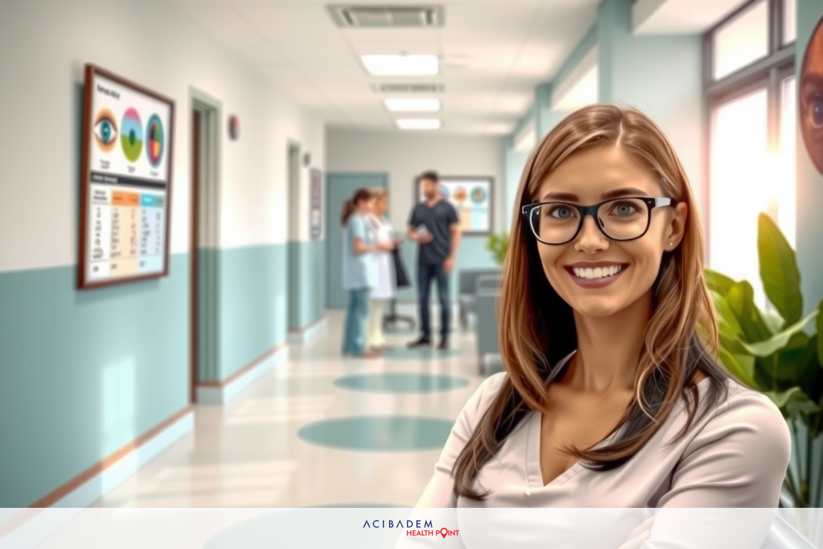 Woman standing in modern medical office environment, smiling and wearing professional attire.