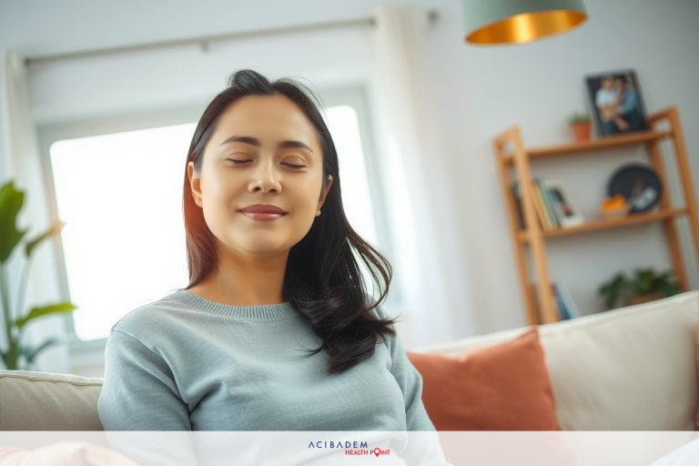 How to Overcome the Fear of Laser Eye Surgery This is a candid photo of a woman in her living room. She is sitting on a beige sofa with a relaxed posture, eyes closed as if she's enjoying a moment of peace or contemplation.