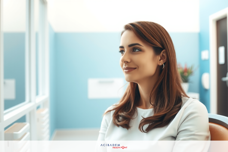 Woman in business attire seated at a desk, looking out of a window. The office environment is professional with blue walls and clean lines.