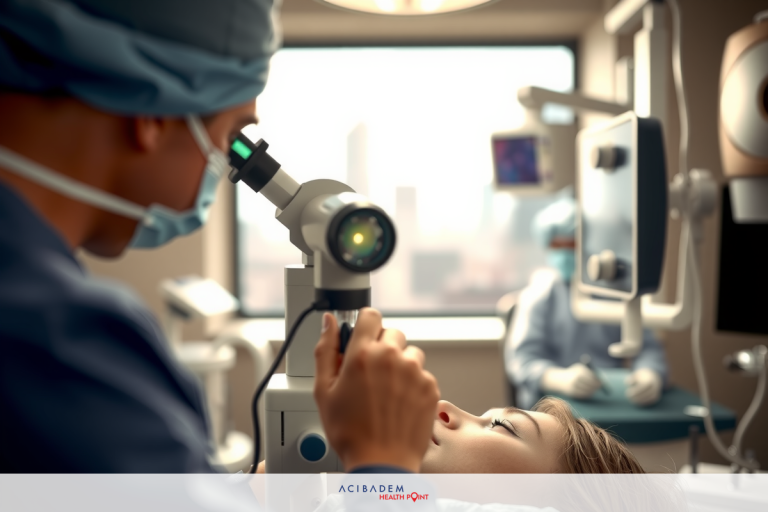 The image shows an interior view of a medical operation room. In the foreground, there is a patient lying down on a hospital bed with their head raised, likely during some form of diagnostic or surgical procedure.