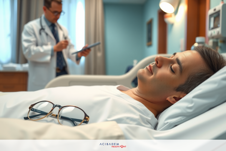 In the image, there is a hospital setting with two medical professionals. One doctor is attending to a patient who is lying on a bed with his eyes closed, possibly indicating he might be under sedation or resting due to an illness or surgery.